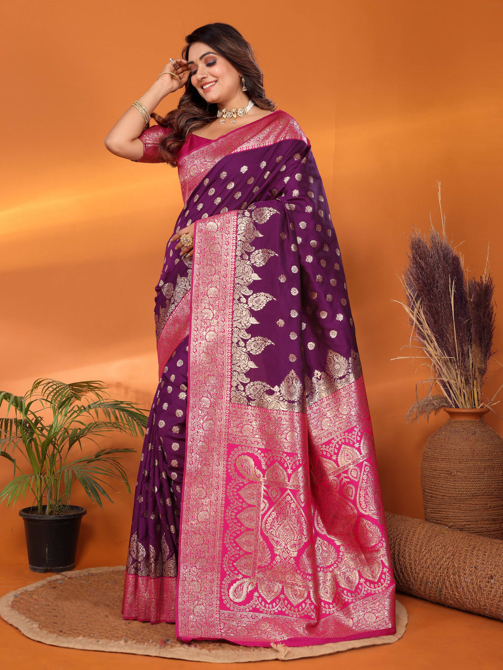 Magenta traditional banarasi silk saree with zari weaving work
