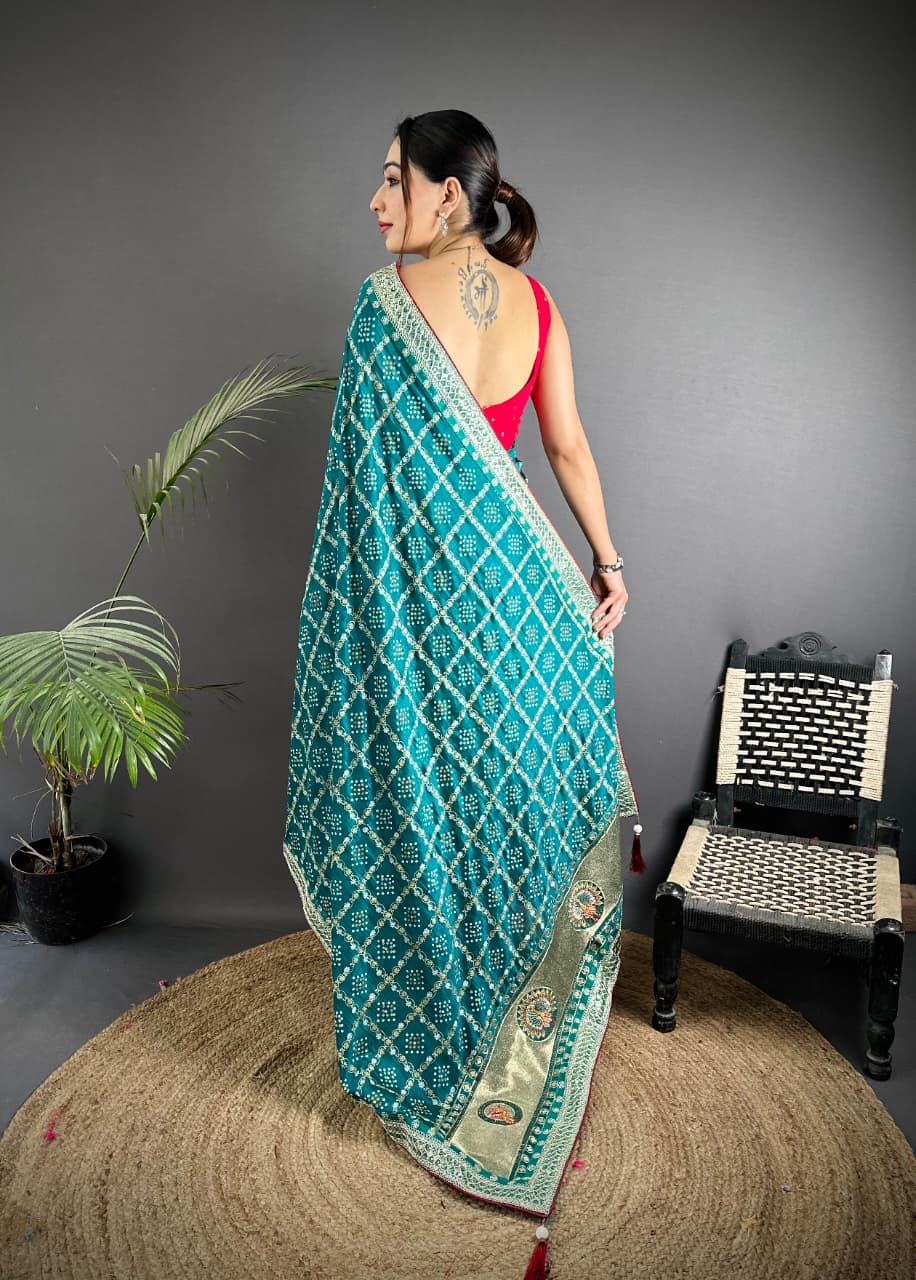 Rama green traditional blooming vichitra khadi bandhej silk saree with sequence work