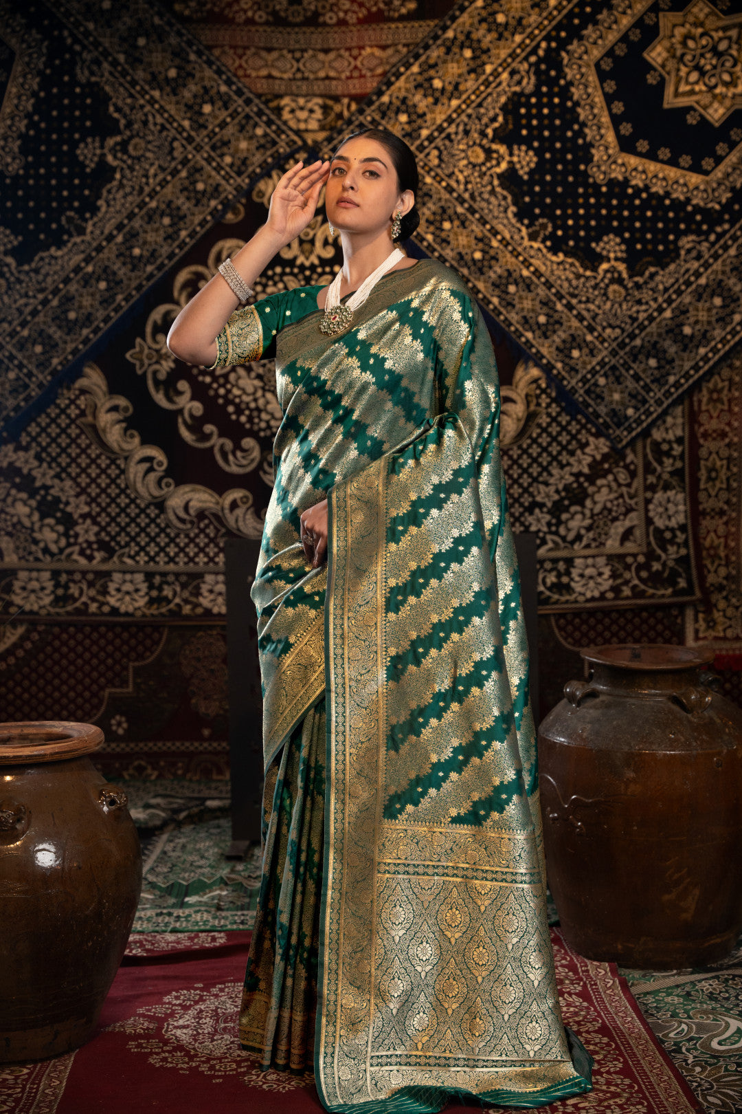 Bottle green banarasi silk saree with zari woven work