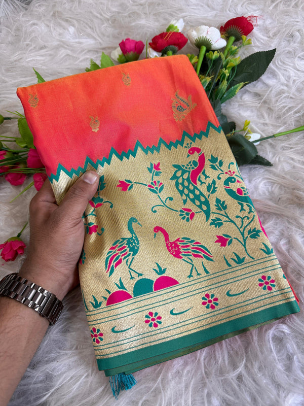 Orange traditional paithani silk saree with peacock zari weaving work