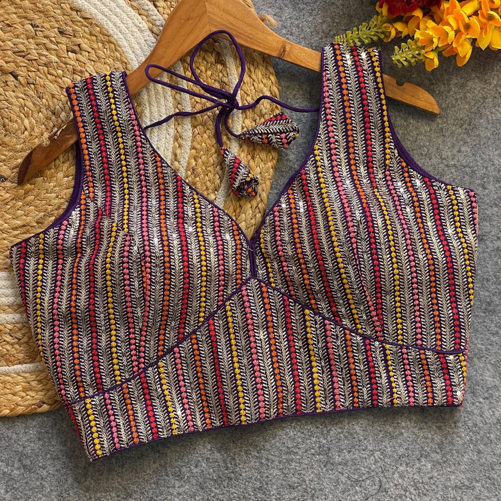 Purple fox georgette fancy readymade blouse with embroidery work