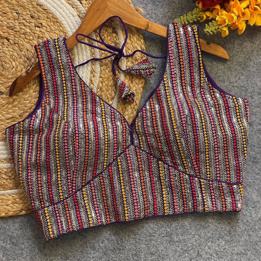 Purple fox georgette fancy readymade blouse with embroidery work