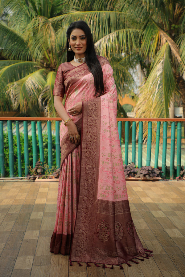 Pink color kanjivaram silk saree with zari weaving work