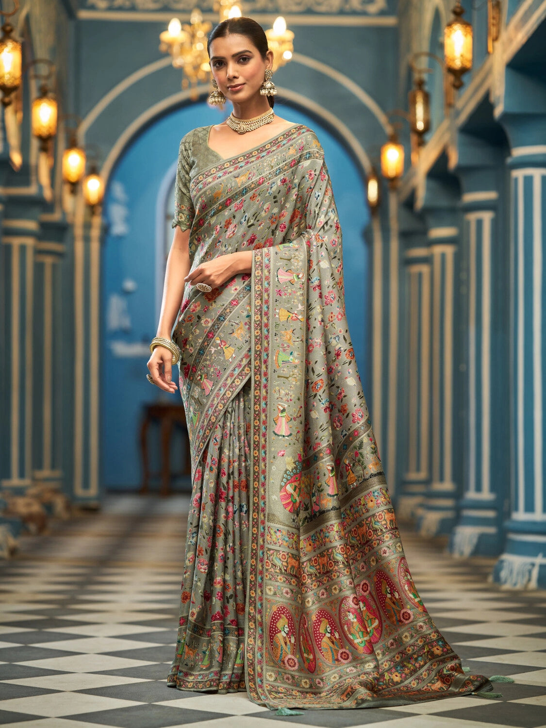 Light pista green exclusive pure pashmina silk saree with woven design