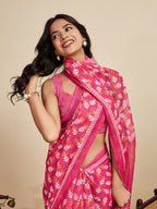 Pink linen cotton saree with digital printed work and silver zari border