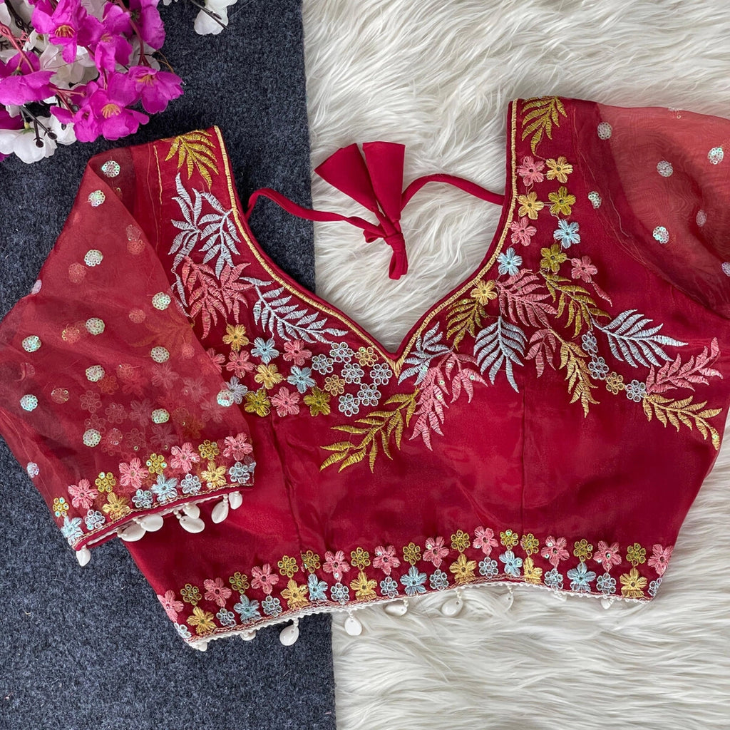 Maroon fancy heavy net readymade blouse with embroidery work