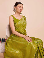 Golden & copper zari weaving with mahendi green color soft silk banarasi saree