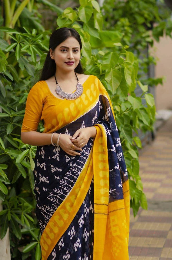 Black soft linen cotton saree with digital printed work