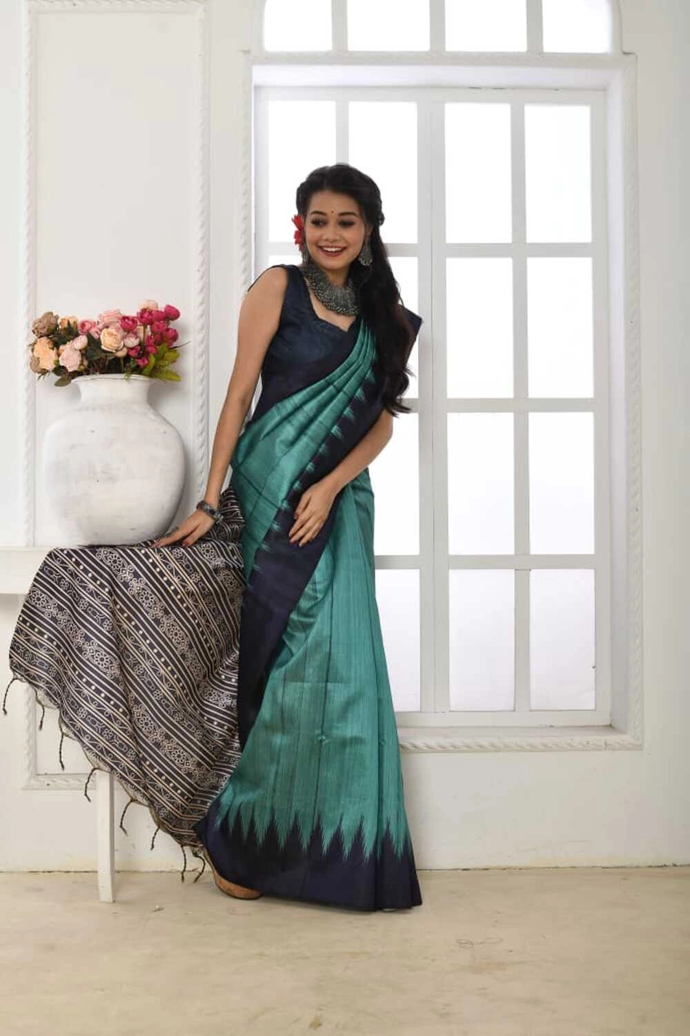 Rama green color tussar silk saree with printed work