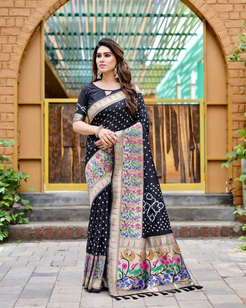 Black color bandhej silk saree with zari weaving work