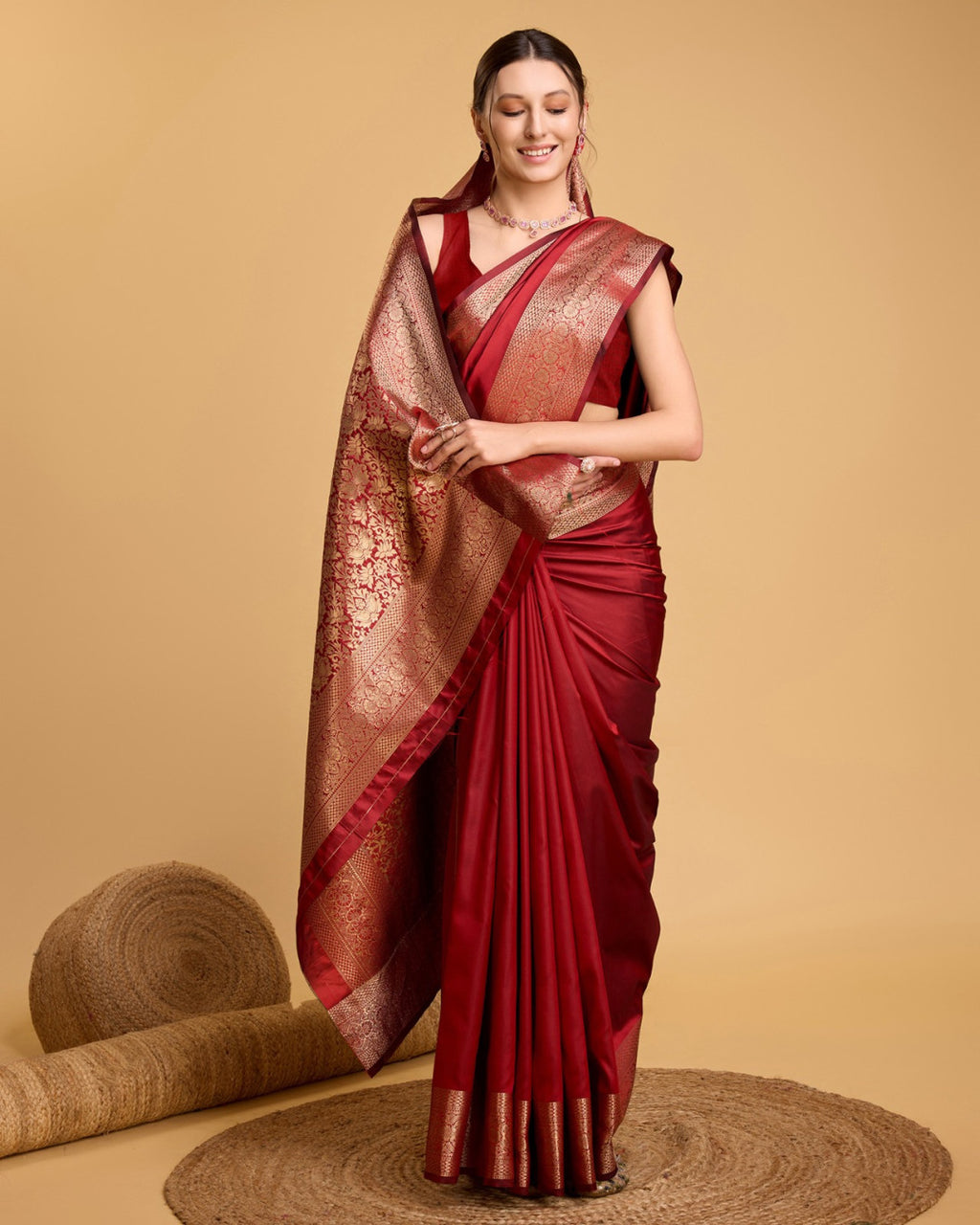 Red color soft kanchipuram silk saree with zari weaving work