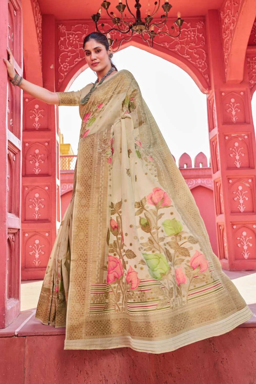 Fancy Beige color soft cotton saree with woven design