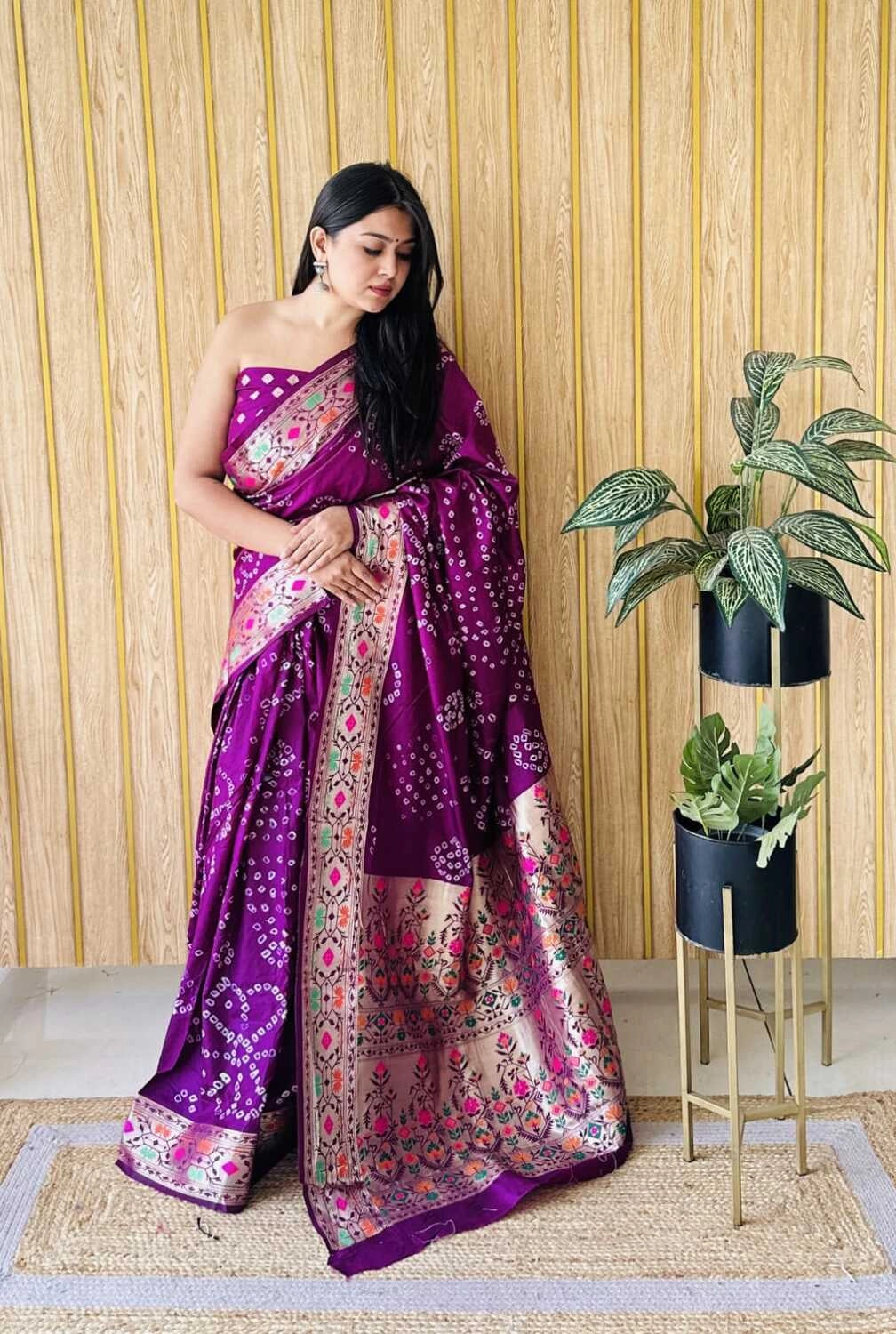 Magenta premium paithani bandhej silk bandhani saree with zari weaving work
