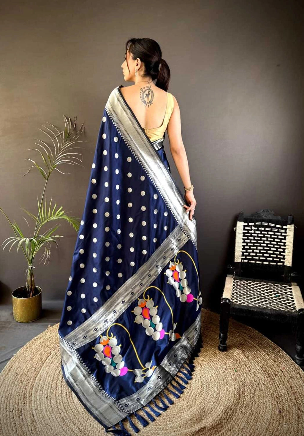 Navy blue Nath paithani silk saree with zari weaving work