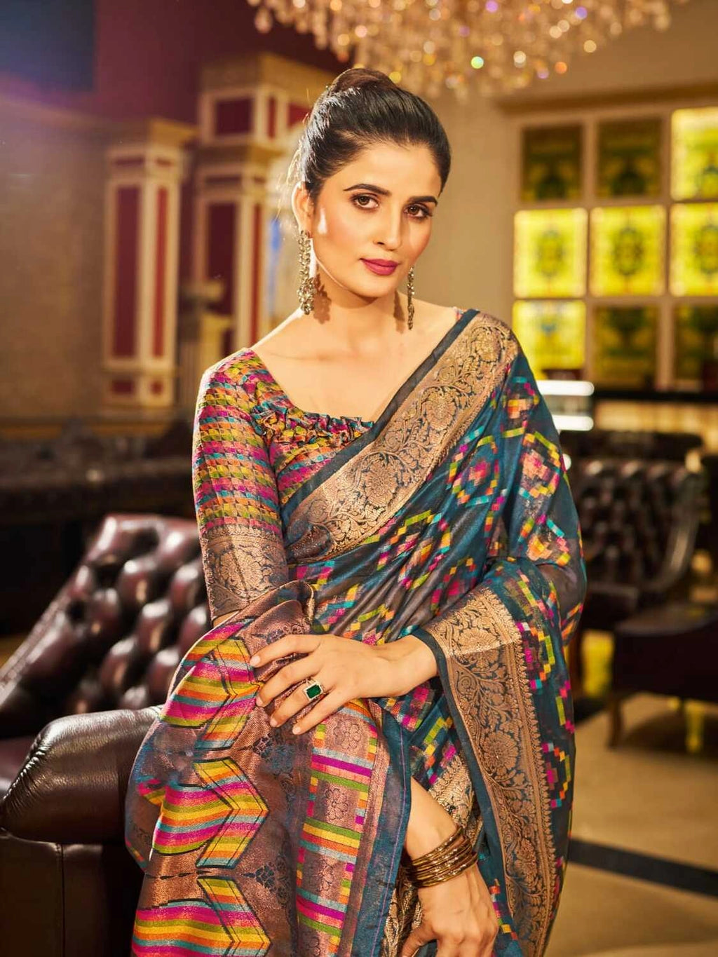Firoji soft organza silk saree with zari weaving work