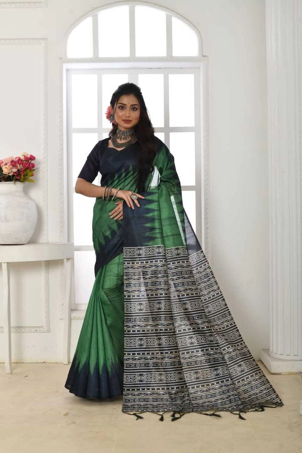Green color tussar silk saree with printed work