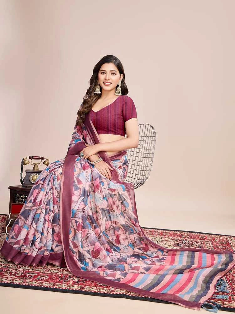 Multi soft linen cotton saree with floral printed work