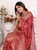 Maroon satin silk bandhej saree with zari weaving border & pallu