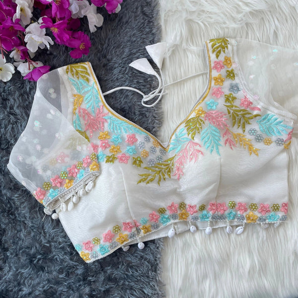 White fancy heavy net readymade blouse with embroidery work