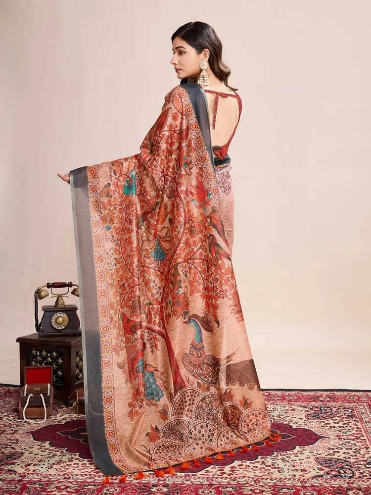 Multi soft linen cotton saree with kalamkari printed work