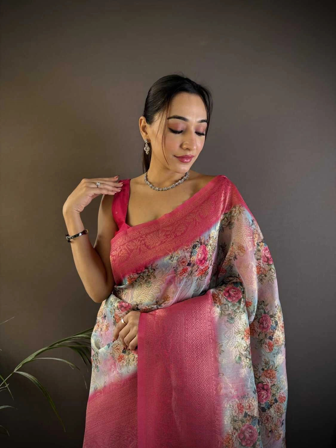 Fancy Pink linen silk saree with digital printed work