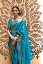 Sky blue soft banarasi silk saree with zari weaving work
