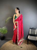 Rani pink traditional blooming vichitra khadi bandhej silk saree with sequence work