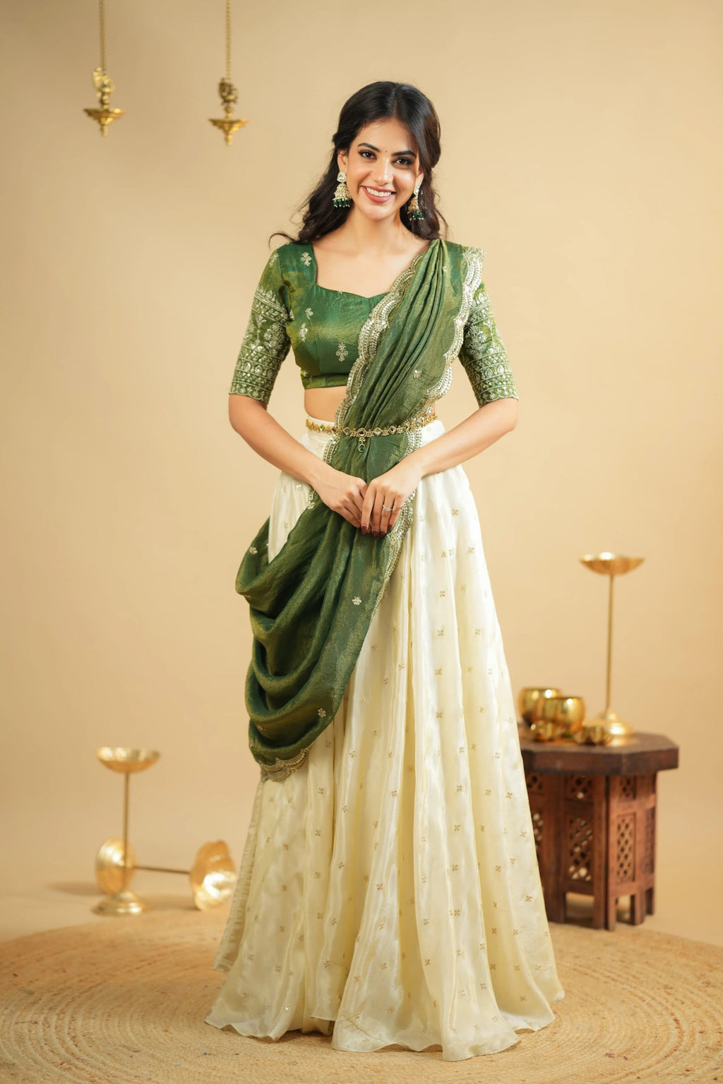 Off white Pure Crepe Silk Lehenga with 5 Meter Flair & Shimmer Silk Blouse
