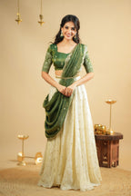 Off white Pure Crepe Silk Lehenga with 5 Meter Flair & Shimmer Silk Blouse
