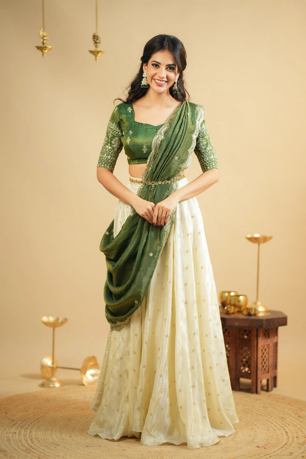 Off white Pure Crepe Silk Lehenga with 5 Meter Flair & Shimmer Silk Blouse