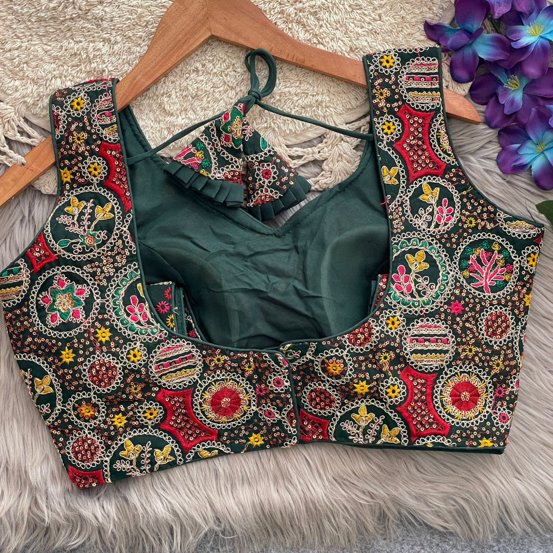 Green georgette fancy readymade blouse with embroidery and sequence work