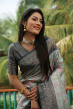 Sky blue color kanjivaram silk saree with zari weaving work