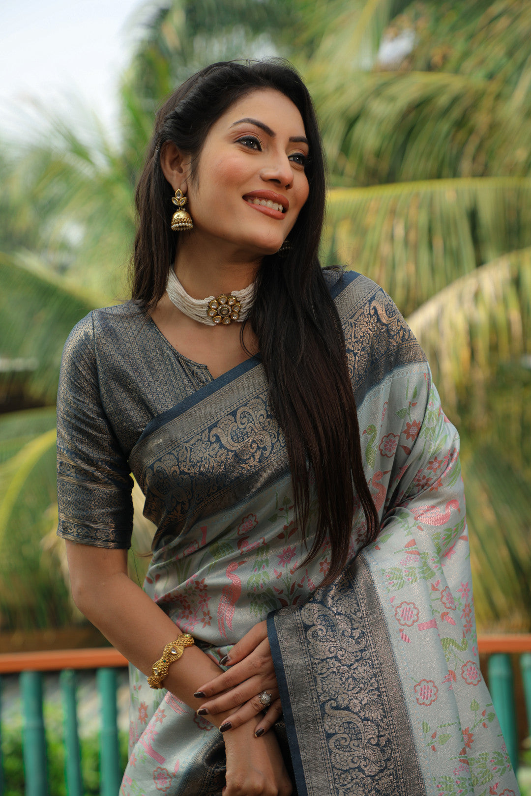 Sky blue color kanjivaram silk saree with zari weaving work