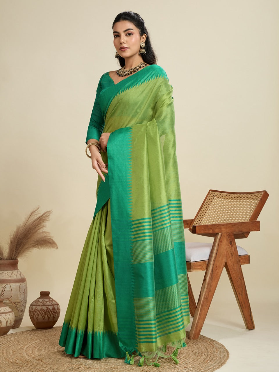 Parrot green color khadi raw silk saree with zari lining pallu with tample border