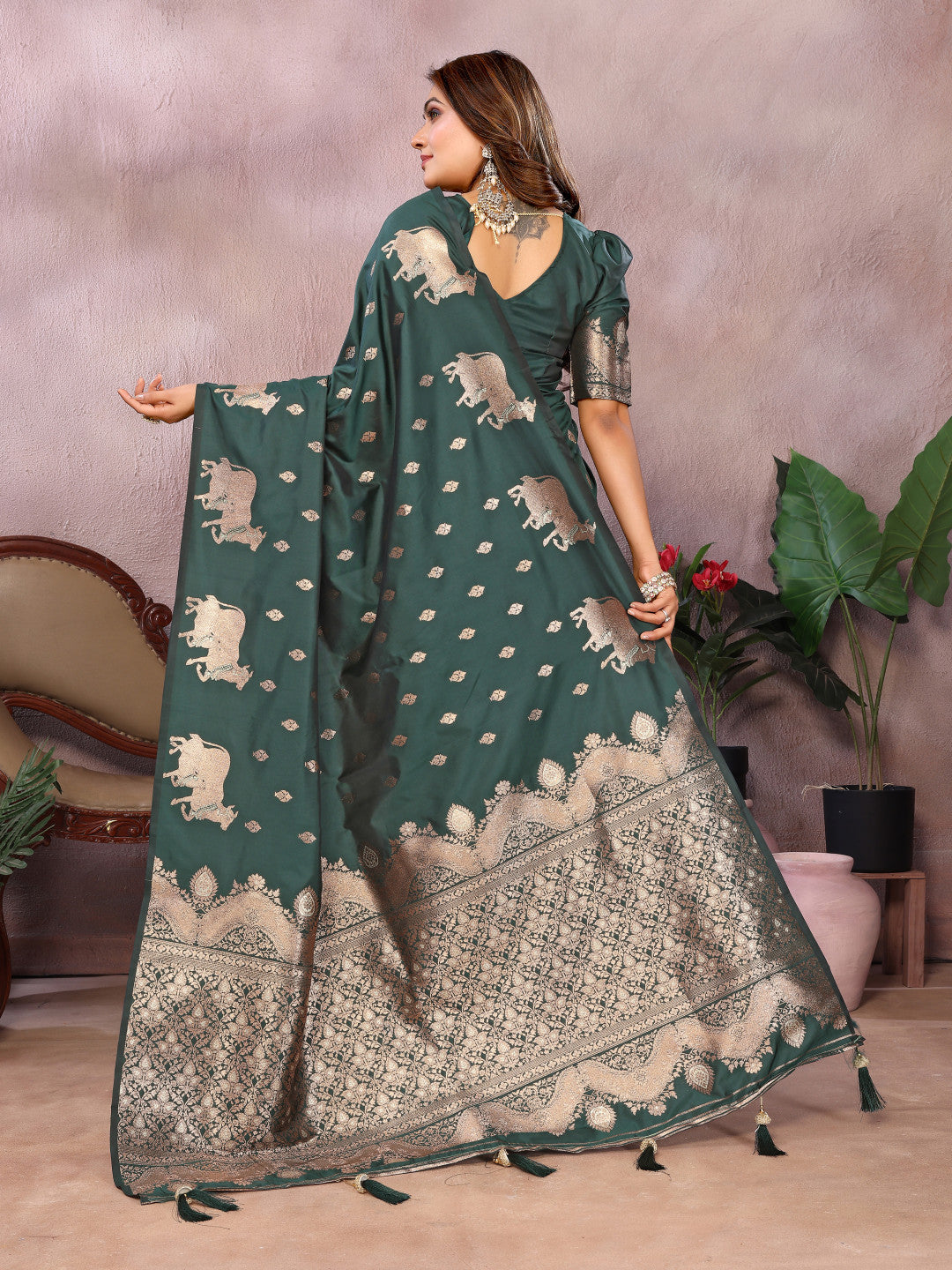 Green traditional banarasi silk saree with zari weaving work