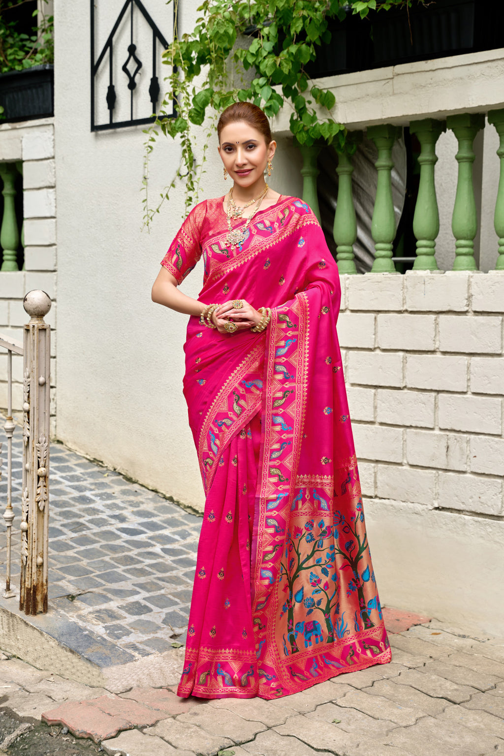 Traditional pink paithani silk saree with zari weaving work