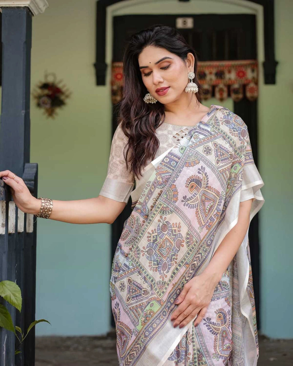 Multi summer special digital printed linen cotton saree