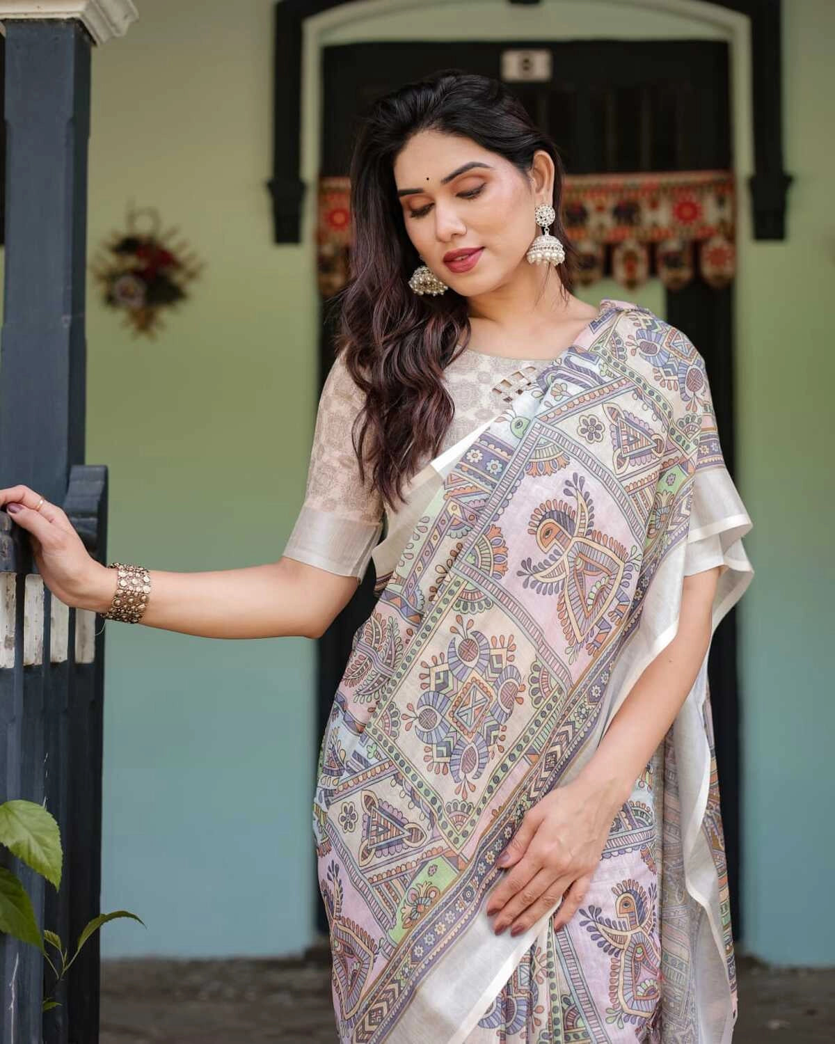 Multi summer special digital printed linen cotton saree