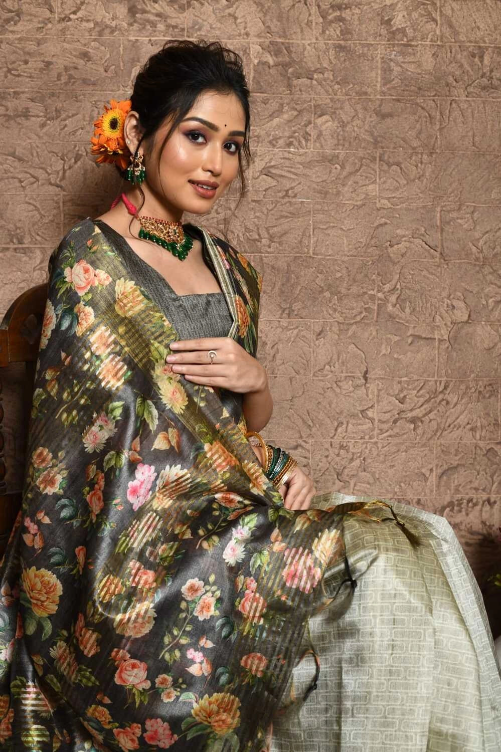 Gray color tussar silk saree with digital printed work