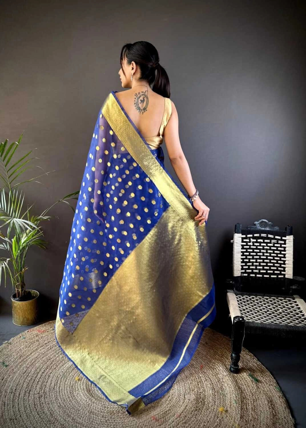 Blue latest organza silk saree with zari weaving work