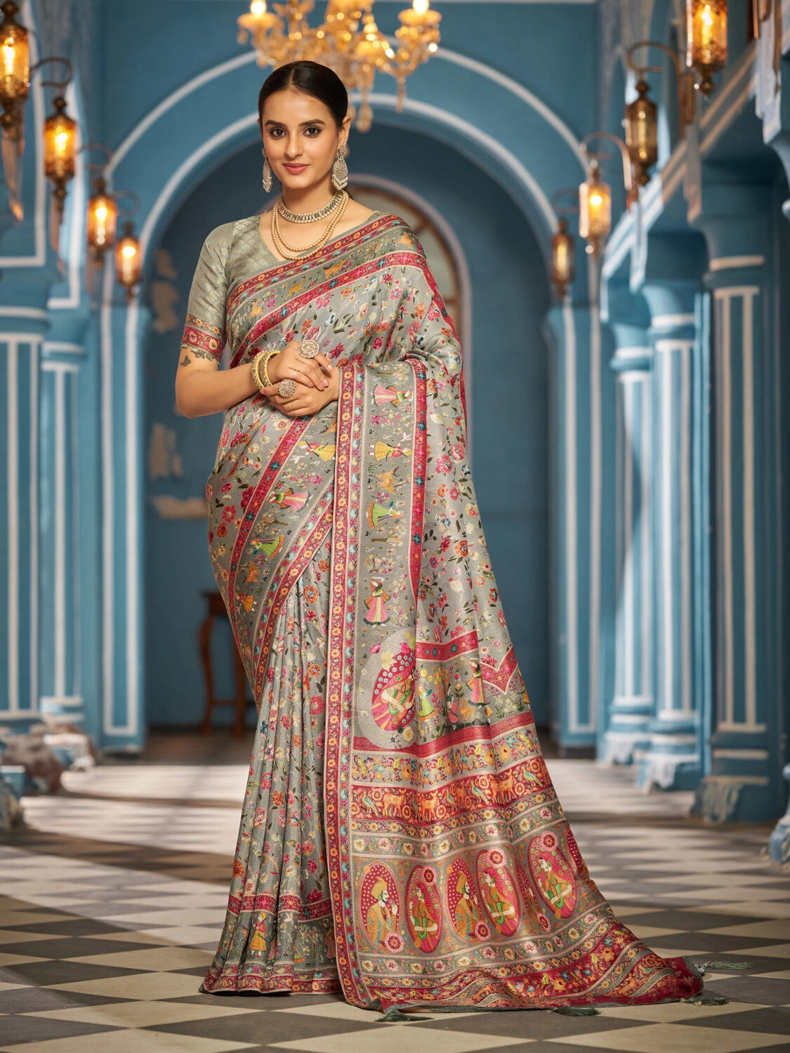 Gray exclusive pure pashmina silk saree with woven design