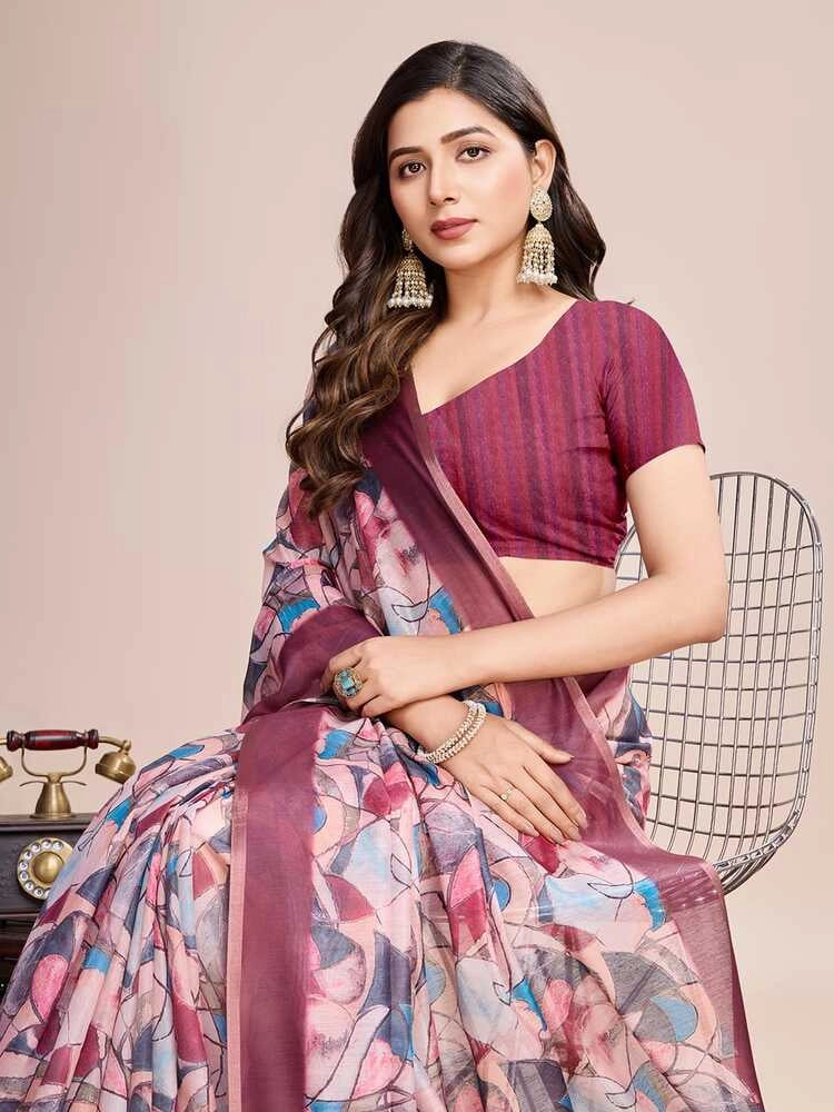 Multi soft linen cotton saree with floral printed work