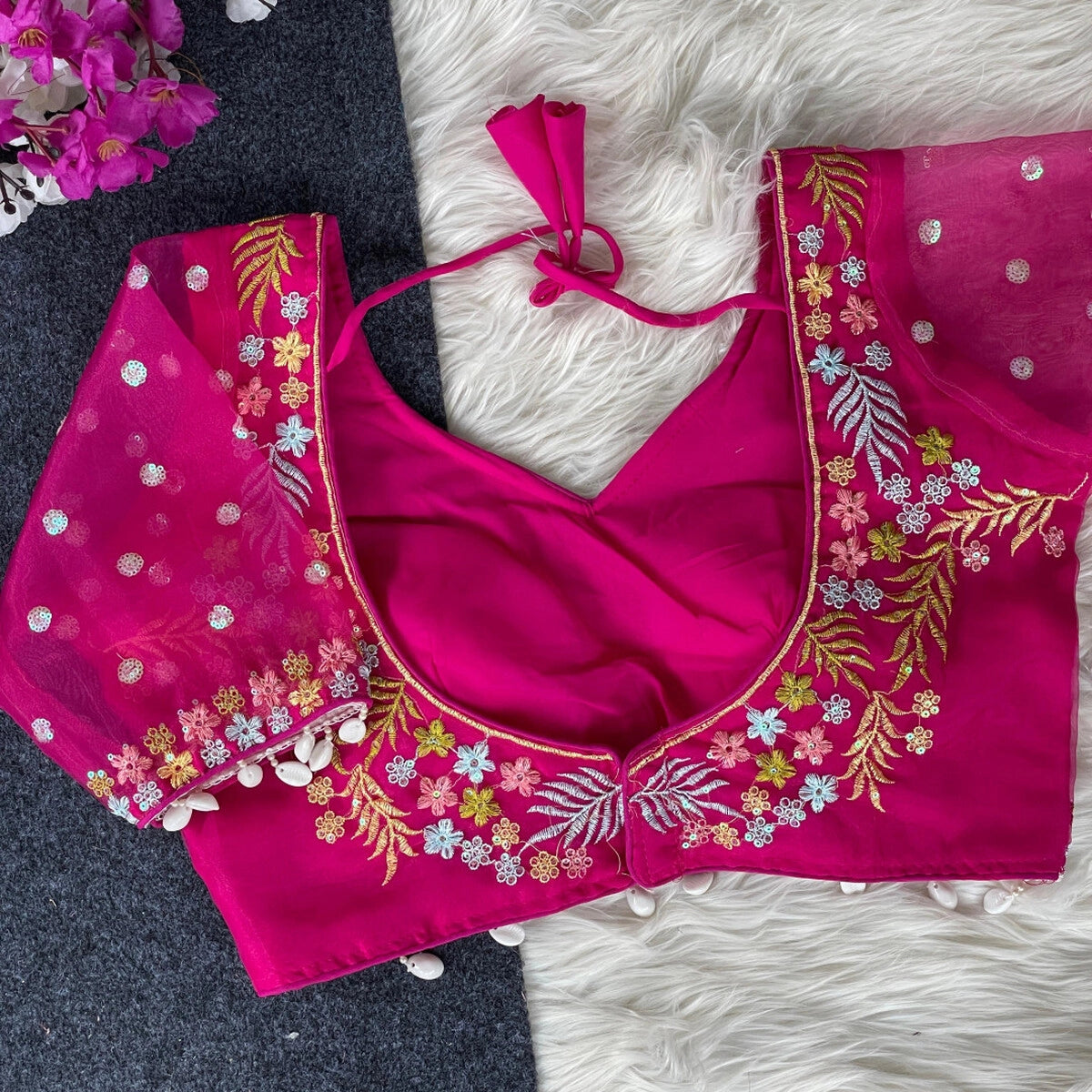 Rani pink fancy heavy net readymade blouse with embroidery work