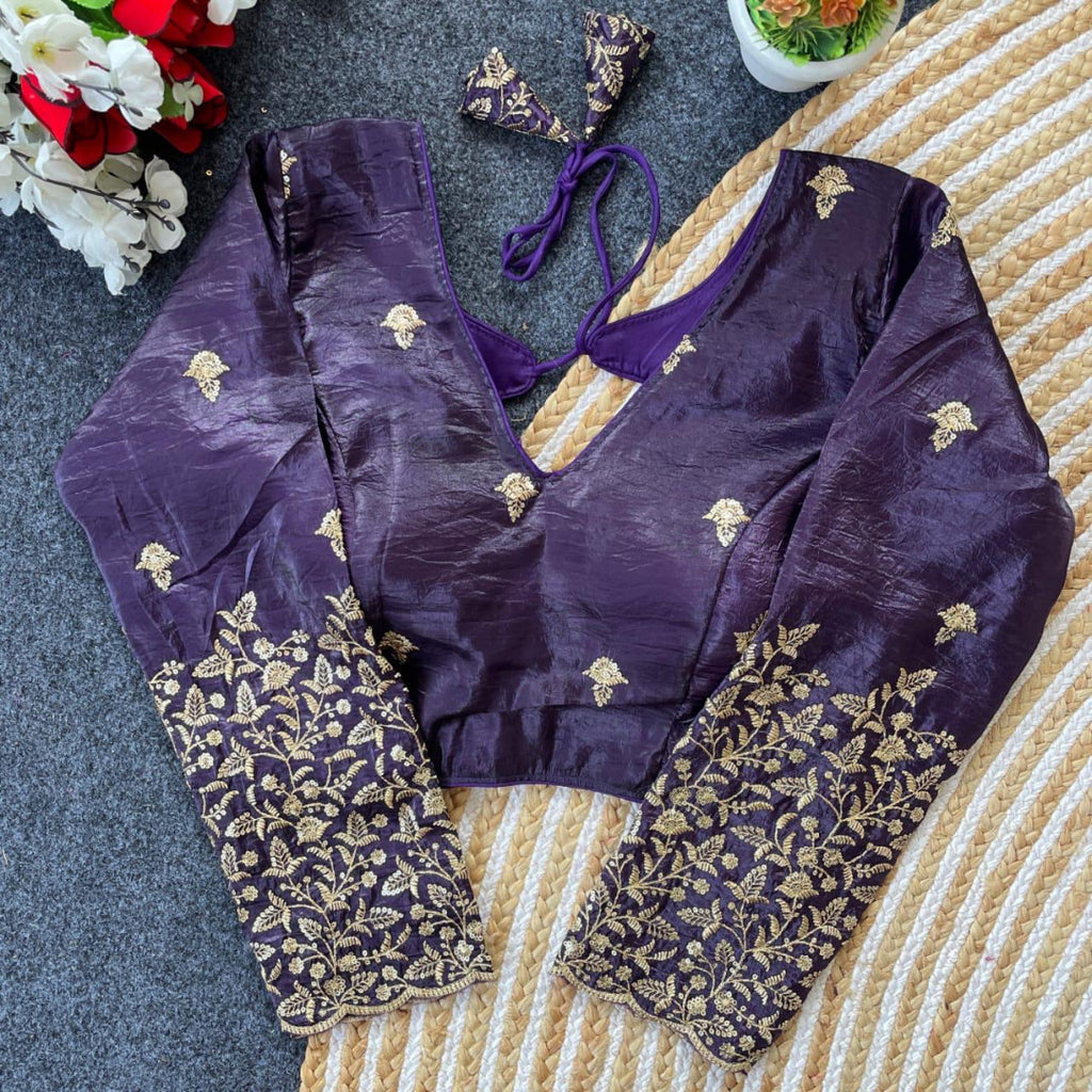 Purple golden crush readymade blouse with sequence and zari work