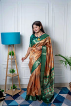 Golden yellow color tussar silk saree with digital printed work