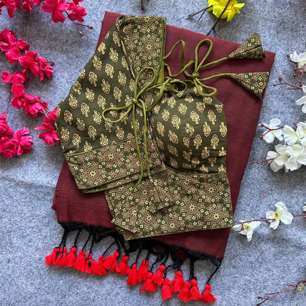 Mahendi green colour ajarakh printed cotton readymade blouse