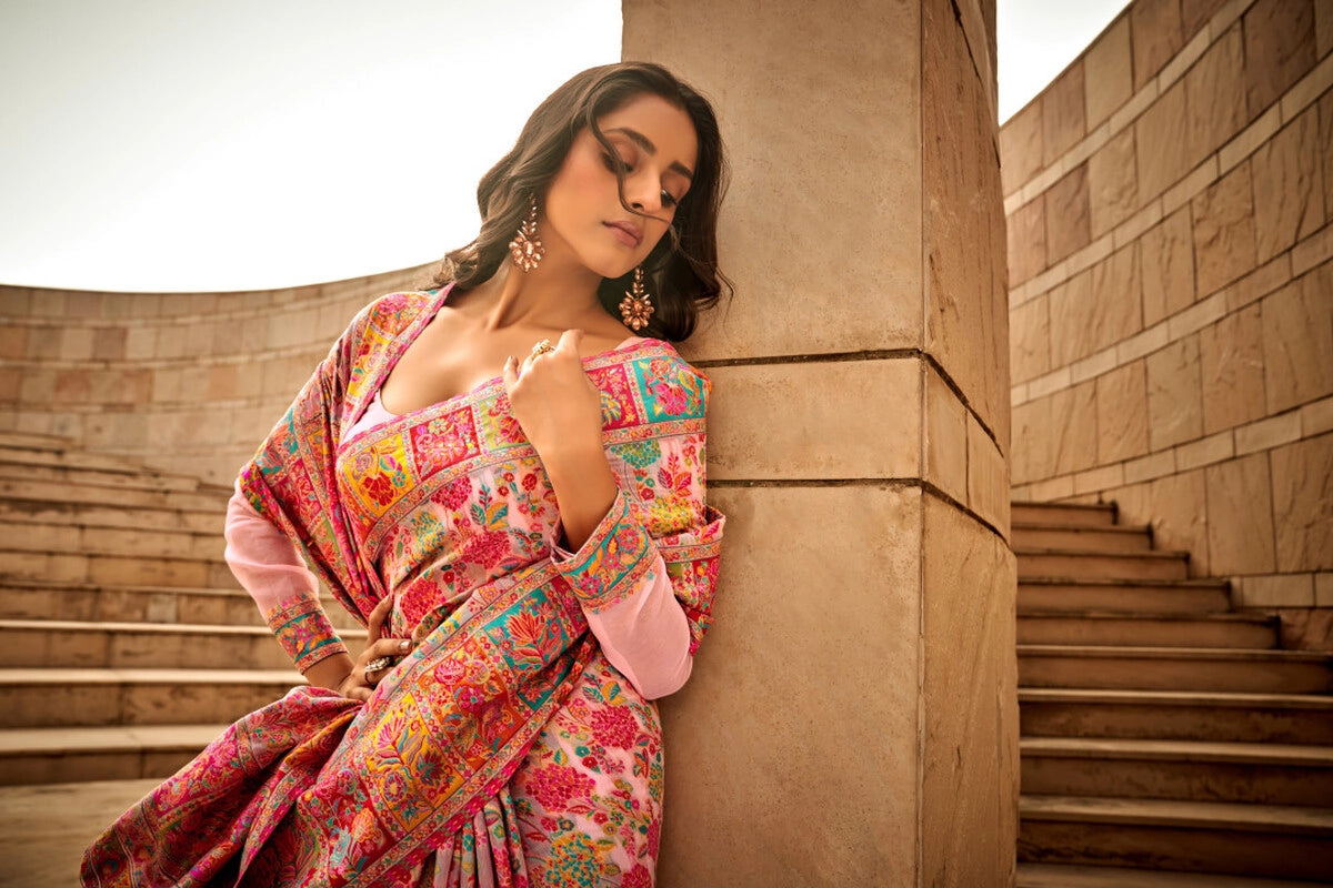 Pink traditional pashmina cotton saree with woven design