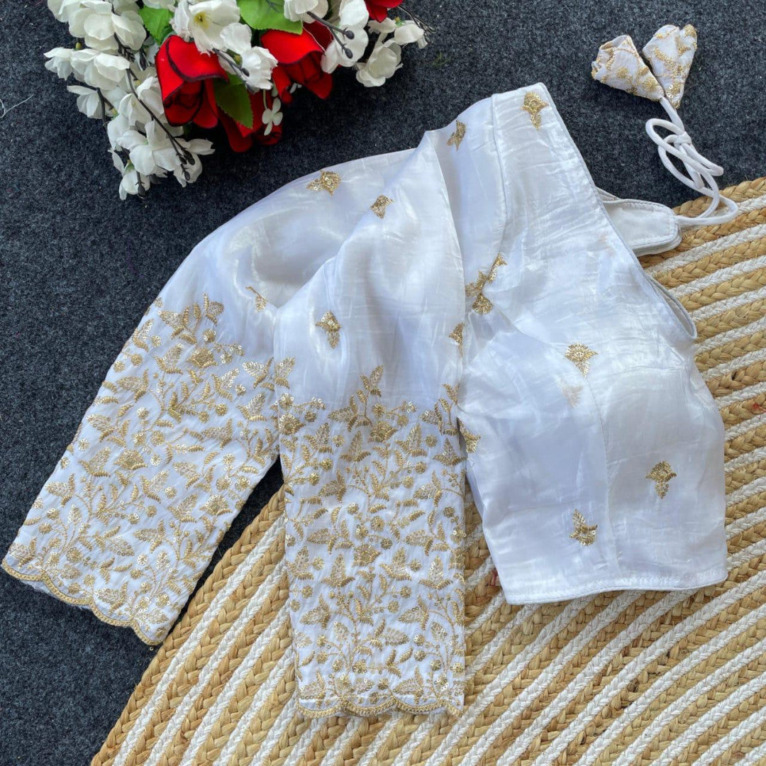 White golden crush readymade blouse with sequence and zari work