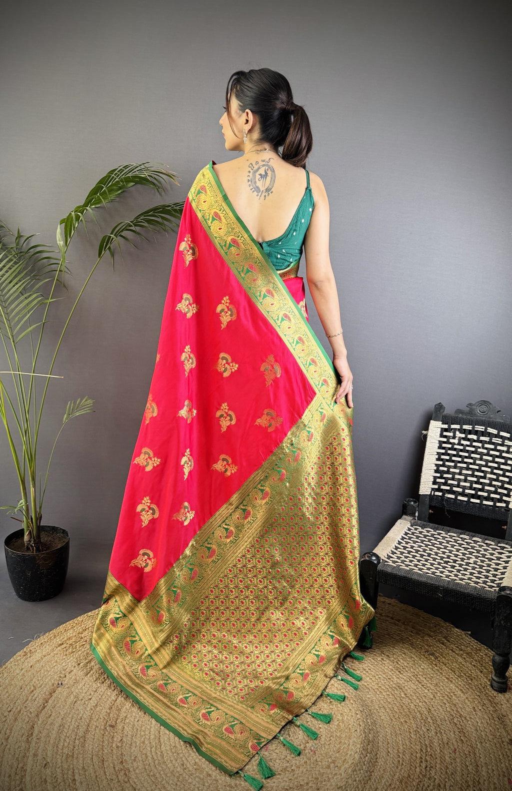 Rani pink traditional banarasi silk saree with zari weaving work