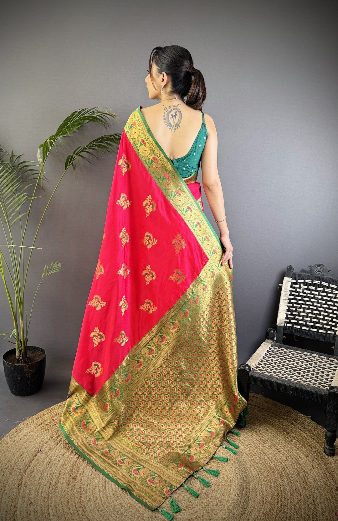 Rani pink traditional banarasi silk saree with zari weaving work